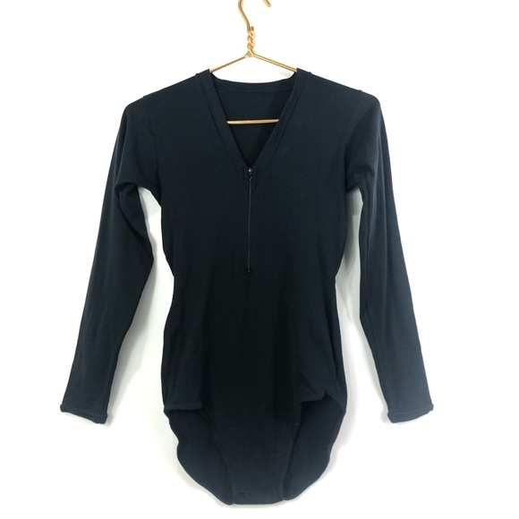 Vintage JC Penny Black V neck zip up leotard body suit Long sleeve Large - Picture 1 of 5